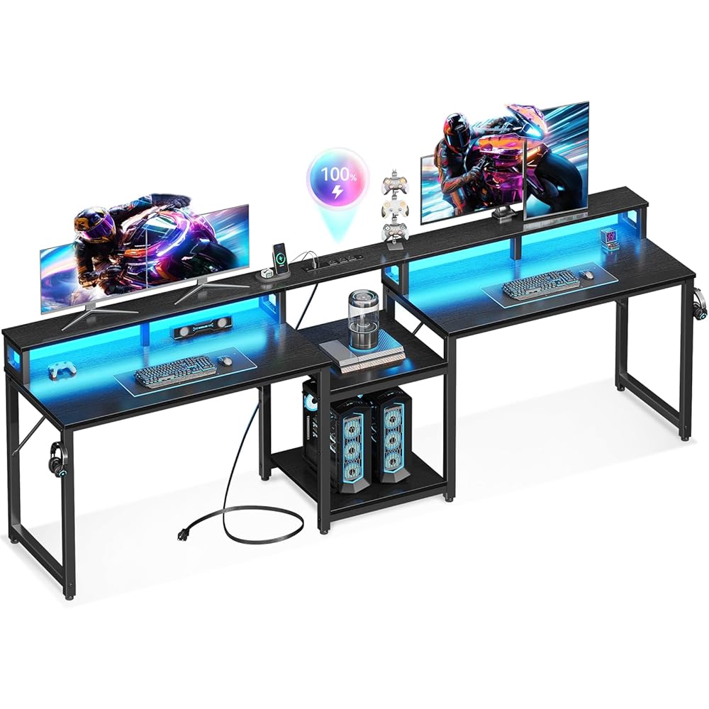 Casaottima 98 Inch 2 Person Gaming Desk with Storage Shelves, Long Double Home Office Computer Writing Desks with USB Charging Port & LED Lights, Monitor Stand, Modern Study/Work Table,Black : Office Products