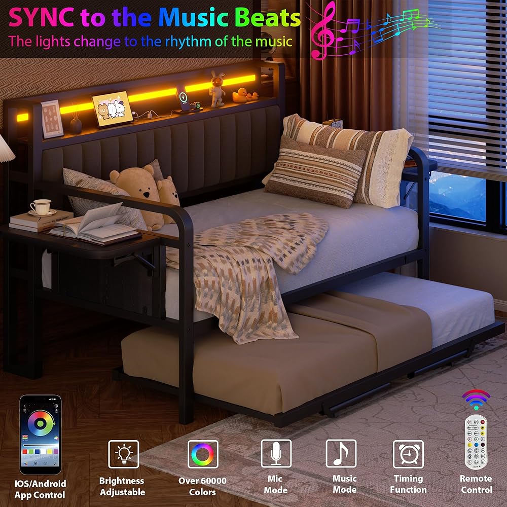 Daybed with Trundle and LED Light, Heavy Duty Metal Twin Bed Frame with Upholstered Storage Headboard & Charging Station, Day Bed Pop Up Trundle Bed Twin for Living Room,Bedroom and Guest Room (Black) : Home & Kitchen