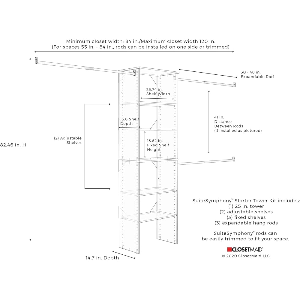 ClosetMaid SuiteSymphony Wood Closet Organizer Starter Kit Tower and 3 Hang Rods, Shelves, Adjustable, Fits Spaces 5 – 10 ft. Wide, Pure White, 25
