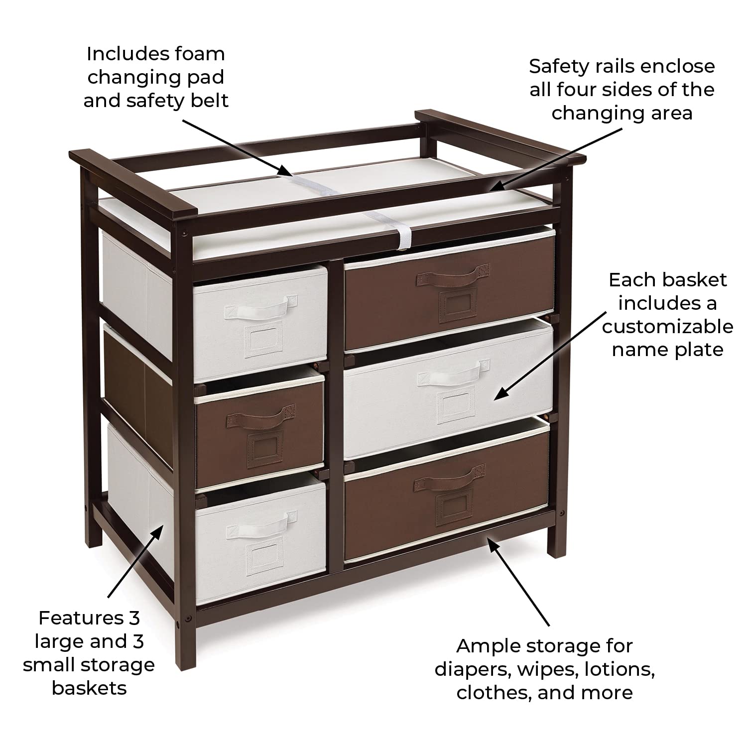 : Badger Basket Modern Baby Changing Table with 6 Storage Drawers and Pad, Diaper Change Station - Espresso : Baby