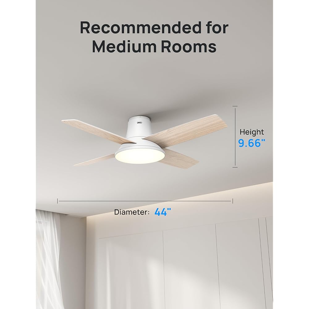Dreo Ceiling Fans with Lights, 12 Speeds & 3 Fan Modes, Quiet DC Motor, Low Profile Easy to Install, Flush Mount Smart Ceiling Fan with Dimmable LED, 12H Timer for Bedroom, Remote, White, 44'' -