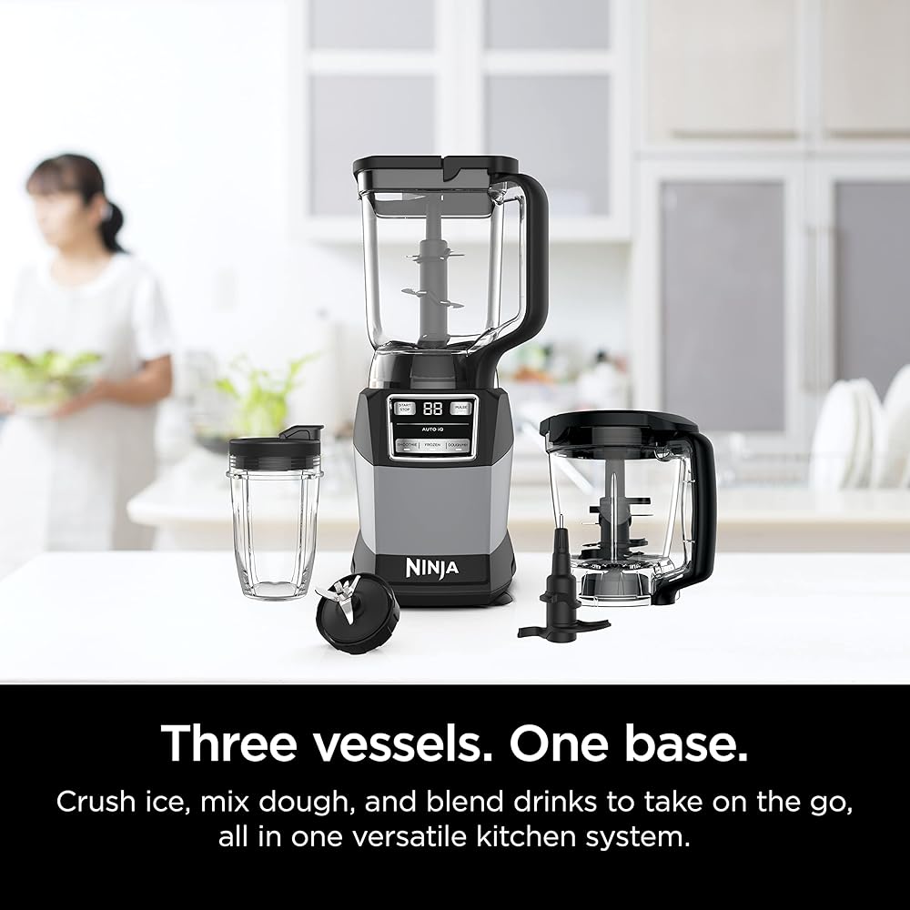 Ninja Blender, Compact Kitchen System, 1200W, 3 Functions for Smoothies, Dough & Frozen Drinks with Auto-IQ, 72-oz.* Blender Pitcher, 40-oz. Processor Bowl & 18-oz. Single-Serve Cup, Grey, AMZ493BRN: Home & Kitchen