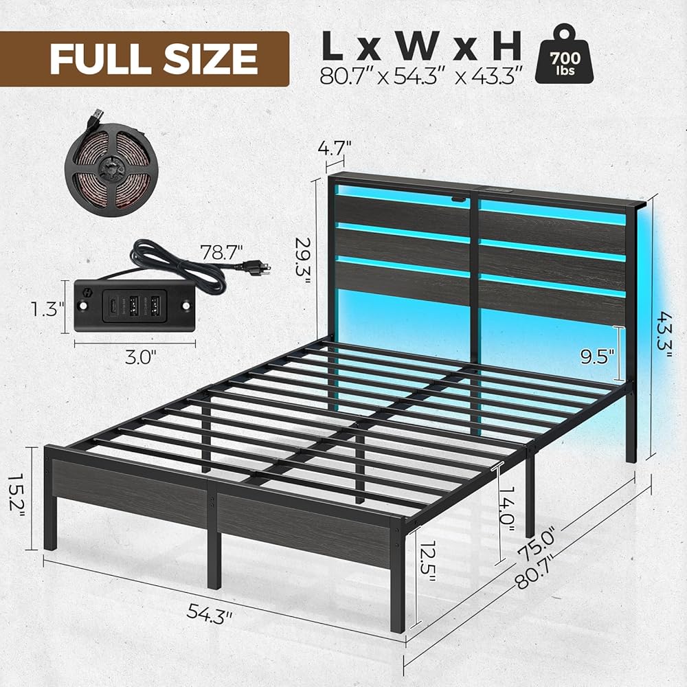 Rolanstar Bed Frame Full Size with USB Charging Station, LED Bed Frame with Wood Storage Headboard, Black Metal Platform Bed with Under Bed Storage, No Box Spring Needed, Noise Free : Home & Kitchen