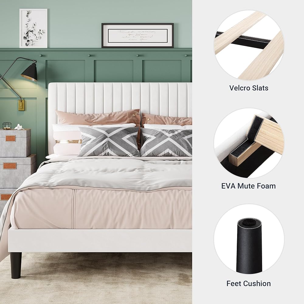 Allewie Queen Bed Frame, Velvet Upholstered Platform Bed with Adjustable Vertical Channel Tufted Headboard, Mattress Foundation with Strong Wooden Slats, Box Spring Optional, Easy Assembly, White : Home & Kitchen