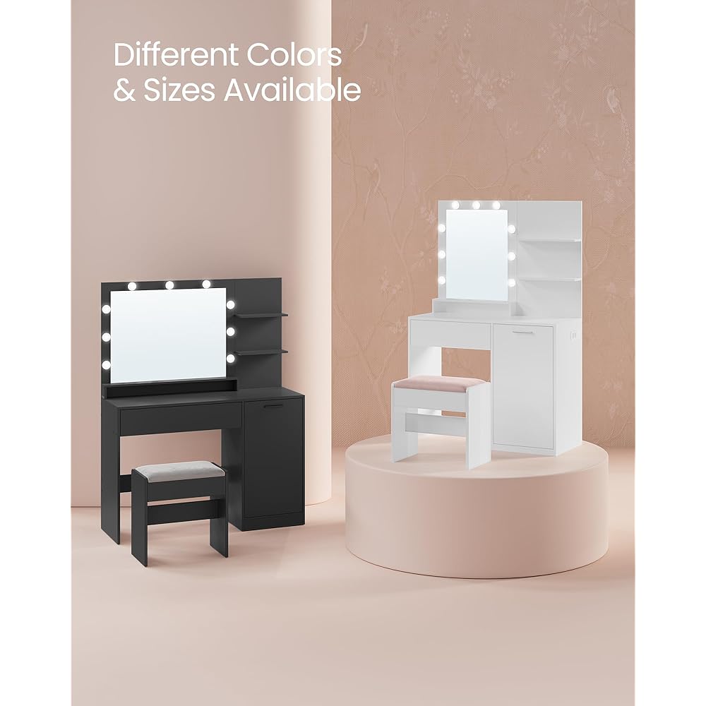 VASAGLE Vanity Desk with Mirror and Lights, 35.4-Inch Wide Makeup Vanity with Upholstered Vanity Stool, Power Outlets, Dimmable LED Lights, Storage Drawer, for Bedroom, Cloud White URDT128W01 : Toys & Games