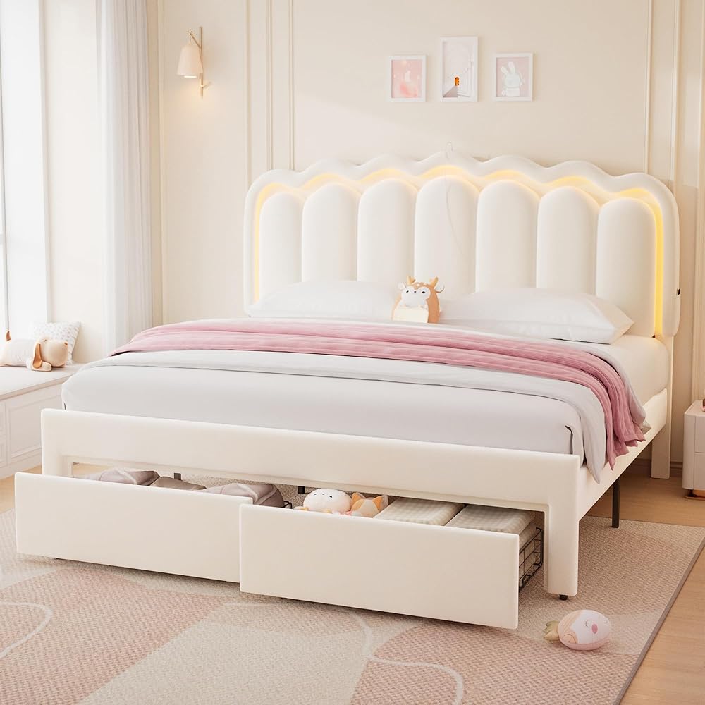 Velvet Upholstered King LED Bed Frame with 2 Storage Drawers and Adjustable Chic Double Wavy Headboard, Princess Platform Bed with Charing Station, Solid Wood Slats Support,No Box Spring Needed,Beige : Home & Kitchen