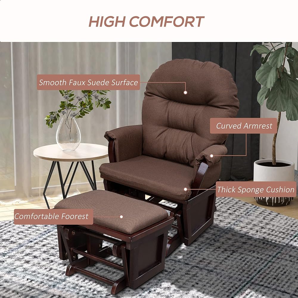 HOMCOM Nursery Glider Rocking Chair with Ottoman, Thick Padded Cushion Seating and Wood Base, Brown : Baby