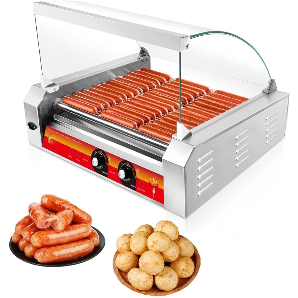 Vexon 1670W Hot Dog Roller Grill with 11 Non-Stick Stainless Steel Rollers, Holds 30 Hot Dogs, Includes Removable Glass Cover for Snack Bar Convenience Stores : Industrial & Scientific