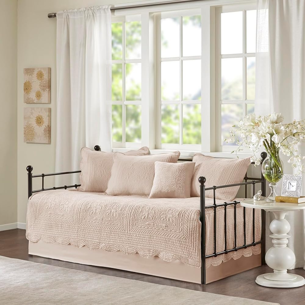 Madison Park Daybed Cover Set-Trendy Damask Quilting with Scalloped Edges All Season Luxury Bedding with Bedskirt, Matching Shams, Decorative Pillow, 75