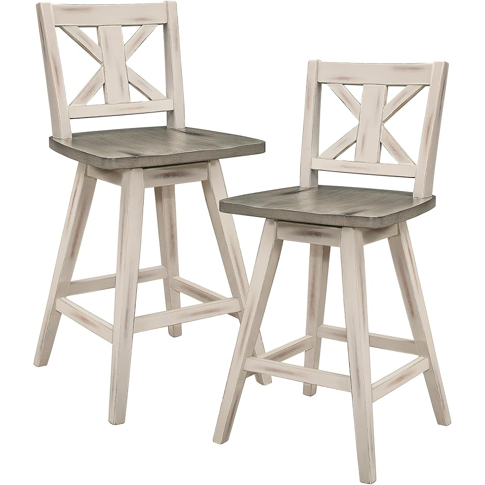 - Solid Wood High Back Swivel Counter Height Bar Stools Set of 2, Kitchen Stools Counter Height, Foot Rest, X Back, Tall Wooden Armless Dining Chairs For Kitchen Island, Farmhouse, Rustic, White - Table & Chair Sets