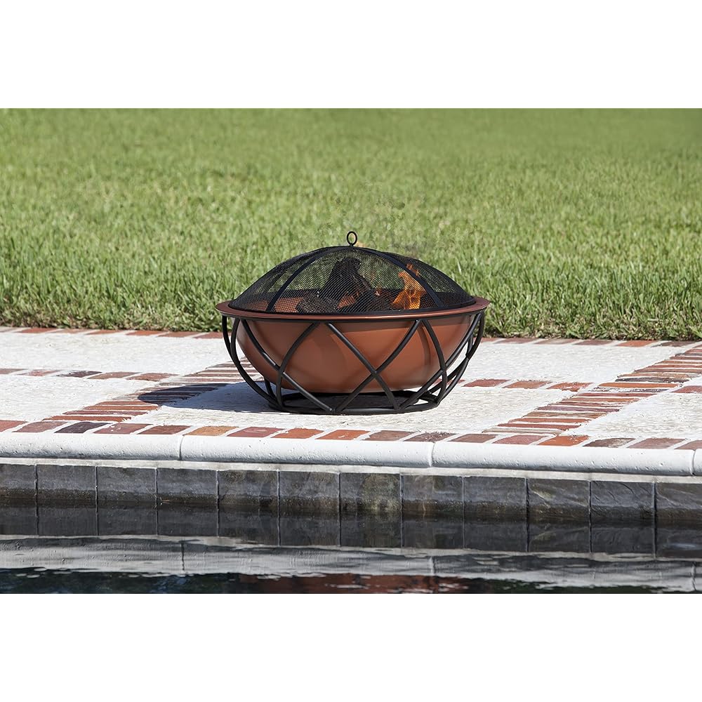 : Fire Sense 62241 Fire Pit Barzelonia Copper-Look Wood Burning Lightweight Portable Outdoor Firepit Backyard Fireplace Camping Bonfire Included Screen Lift Tool & Cooking Grate - Round - 26