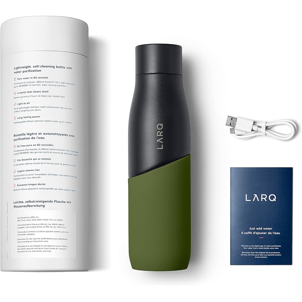 LARQ Bottle Movement PureVis 24 oz- Lightweight Self-Cleaning and Non-Insulated Stainless Steel Water Bottle with UV Water Purifier | Reusable & Travel Friendly, Black/Pine : Sports & Outdoors
