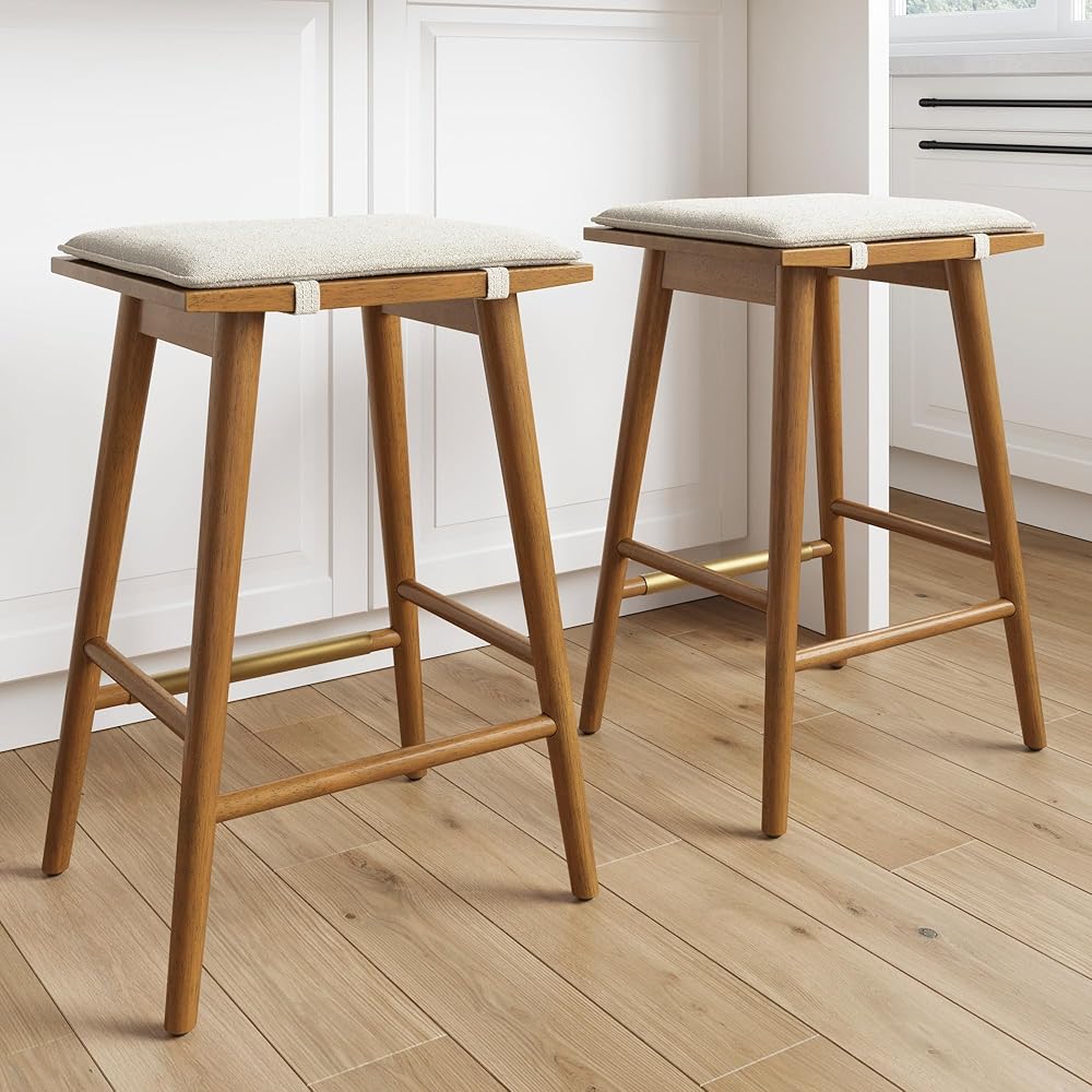 Nathan James Barker Counter Height Solid Wood Barstool with Upholstered Cushion, Backless Island Stool with Rubberwood Legs and Natural Textured Linen Upholstery for Kitchen, Brown/White, Set of 2 : Home & Kitchen