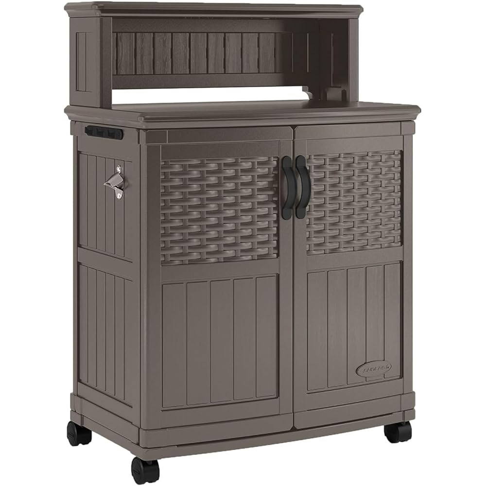 : Suncast Patio Plastic Storage and Prep Station with Decorative Wicker Pattern and Multi Wall Panels for Patio, Garden, and Lawn Use, Stoney Gray : Home & Kitchen