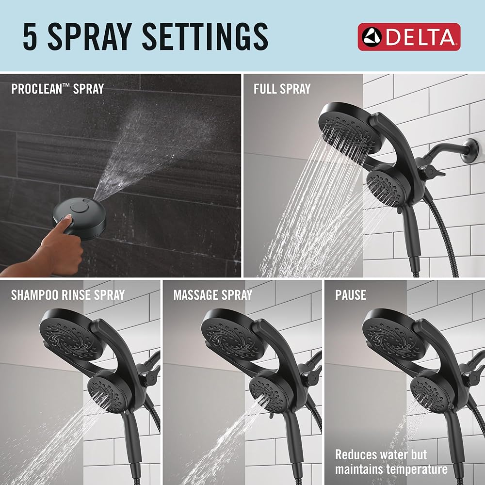 Delta 5-Setting HydroRain 2-in-1 Dual Shower Head with ProClean Spray, Matte Black High Pressure Shower Head with Handheld Spray, 1.75 GPM Flow Rate, Matte Black 75419BL -