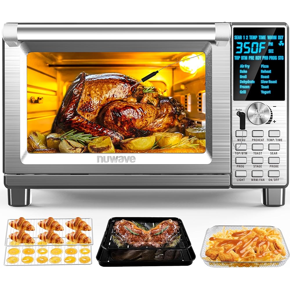 Nuwave Bravo Air Fryer Toaster Smart Oven, 12-in-1 Countertop Convection, 30-QT XL Capacity, 50°-500°F Temperature Controls, Top and Bottom Heater Adjustments 0%-100%, Brushed Stainless Steel Look: Home & Kitchen