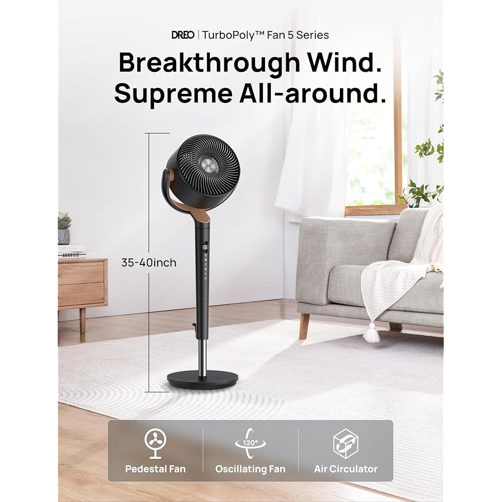 Dreo Standing Fan For Bedroom, 120°+120°Omni-directional Oscillating Fan, 85 ft Circulator With Remote, DC Motor Quiet Pedestal Room Fans, 8 Speeds, 3 Modes, 8H Timer, PolyFan 502 Black : Home & Kitchen