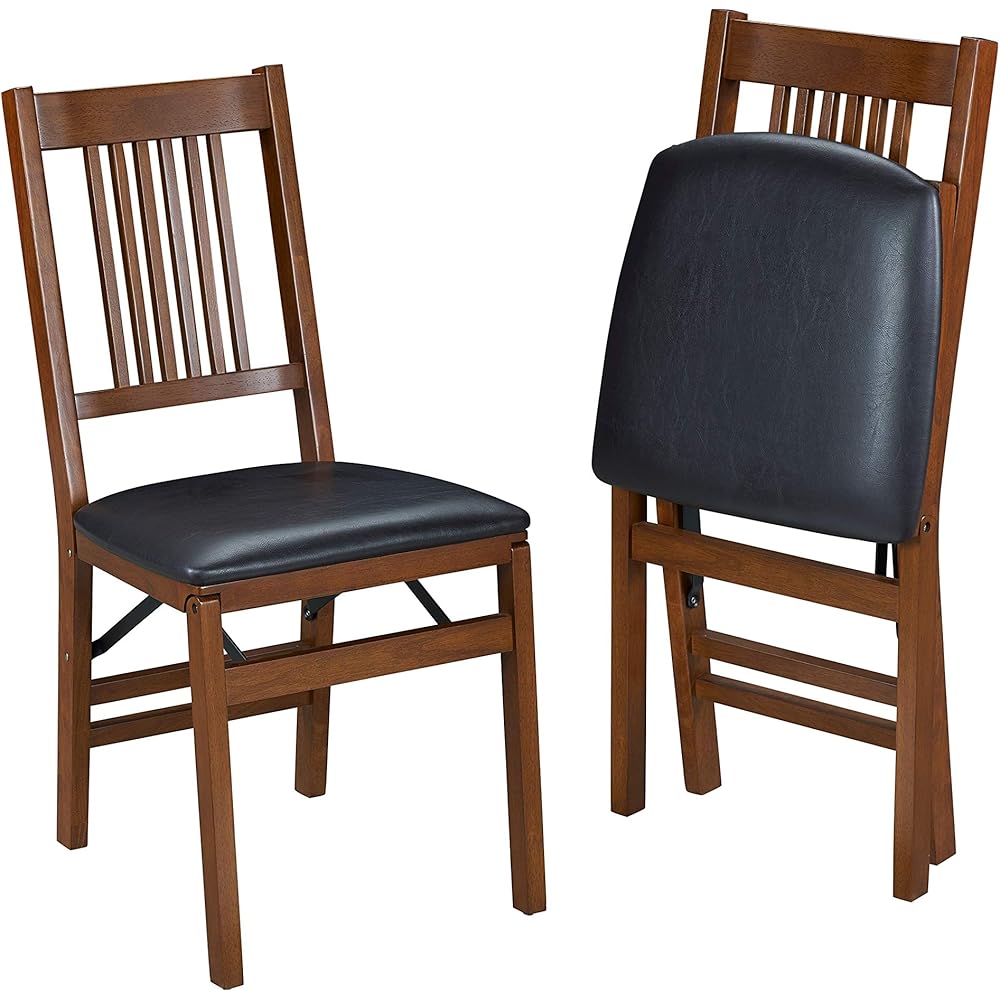 MECO Stakmore True Mission Wooden Folding Chairs with Padded Seats, Set of 2 - No Assembly Foldable Dining Chairs, Steel Folding Mechanism, Upholstered Cushion, Space-Saving, Fruitwood Frame : Home & Kitchen