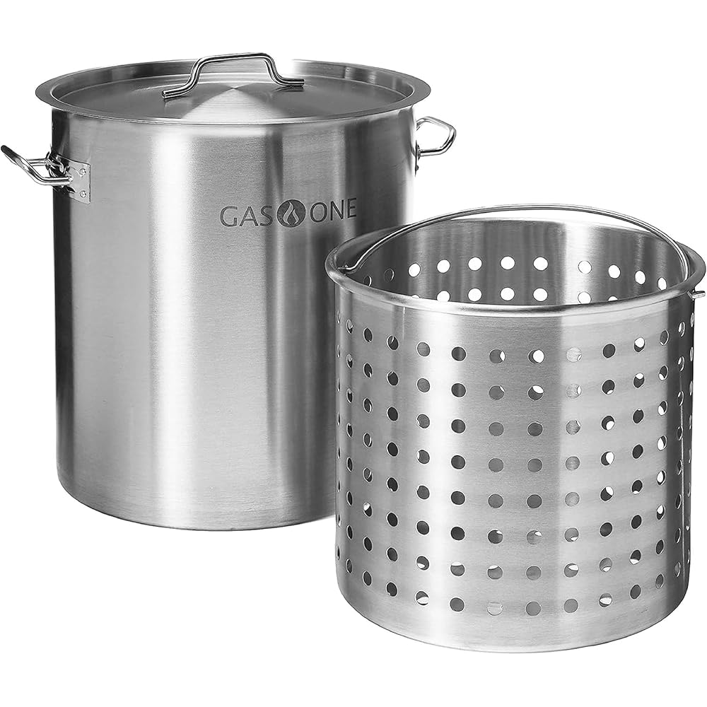 GasOne Stainless Steel Stockpot with Basket – 100qt Stock Pot with Lid and Reinforced Bottom – Heavy-Duty Cooking Pot for Deep Frying, Turkey Frying, Beer Brewing, Soup, Seafood Boil – Satin Finish: Home & Kitchen