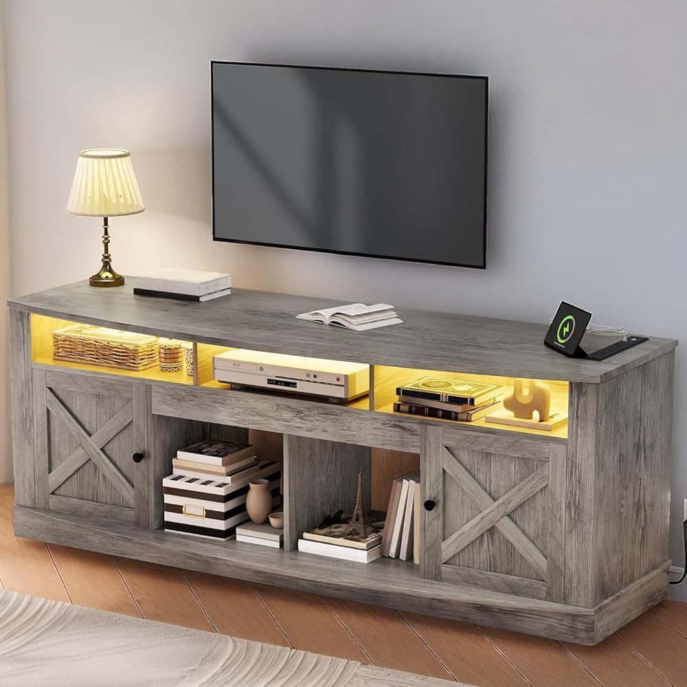 YITAHOME TV Stand for 75/80 Inch TV, Light Rustic Grey Entertainment Center 70 Inches Wide, Media Furniture TV Table with with Power Outlet, TV Consoles for Living Room, Curved Desktop : Home & Kitchen