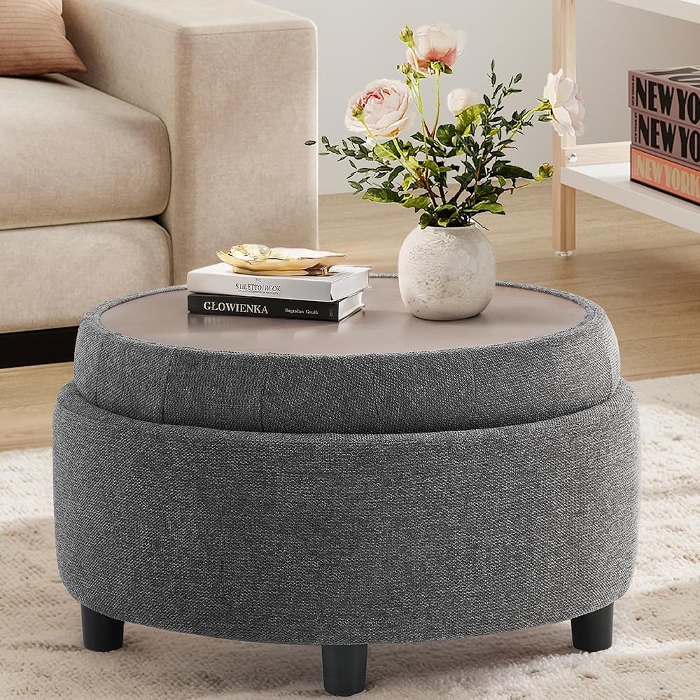 COLAMY Fabric Round Storage Ottoman with Reversible Tray Lid – Multi-Functional Footrest, Hidden Storage, Sturdy & Stylish Small Coffee Table for Living Room, Bedroom, or Entryway(Dark Grey) : Home & Kitchen