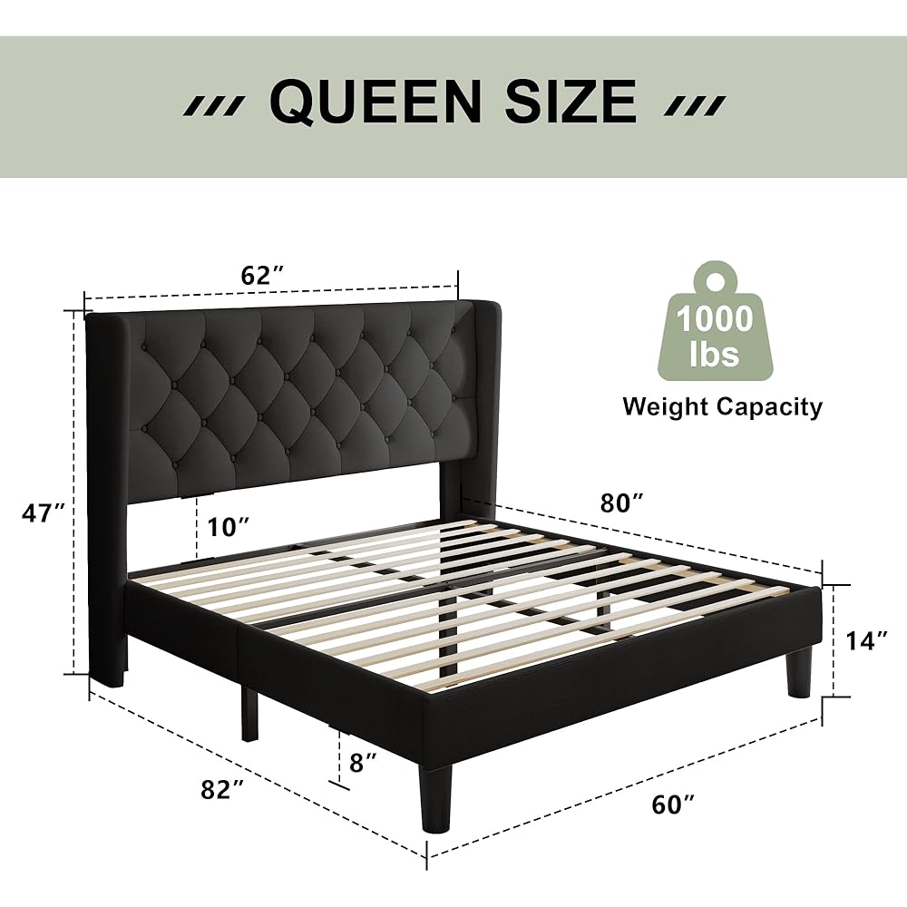 Feonase Queen Bed Frame with Upholstered Wingback Headboard, Platform Bed and Heavy Duty Wooden Slats Support, Easy Assembly, Noise-Free, No Box Spring Needed, Black : Home & Kitchen