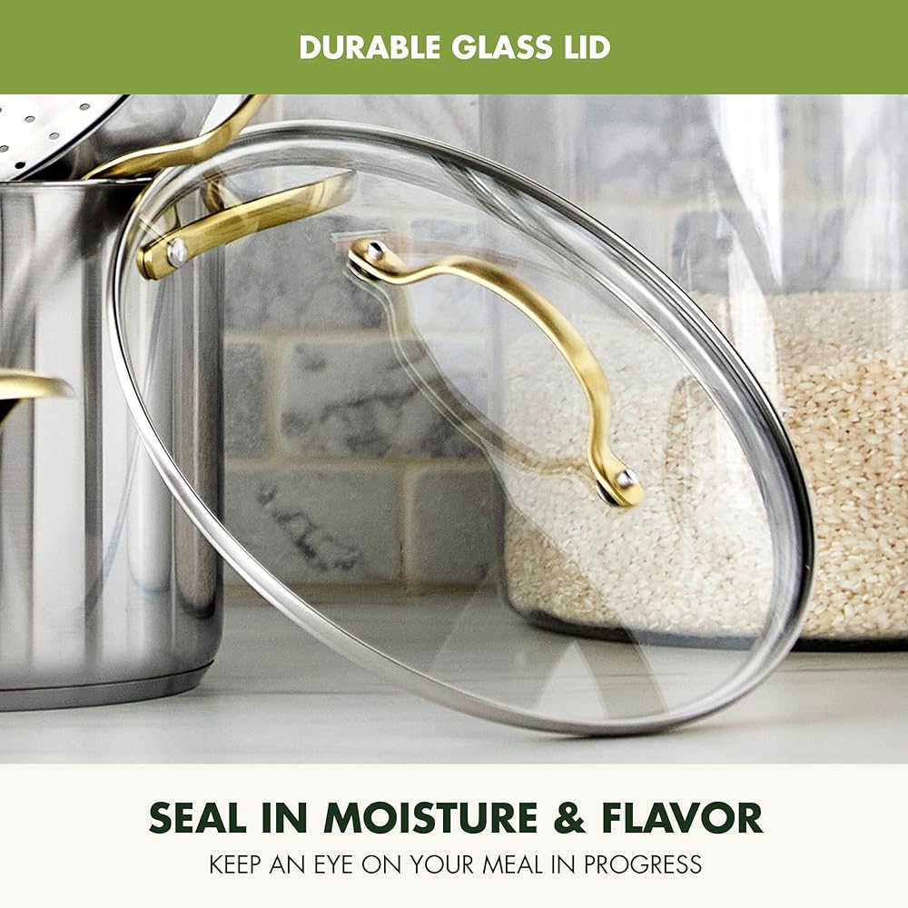 GreenPan 11 Piece Stainless Steel Cookware Set, Induction Ready, Tri-Ply Multiclad Pots & Pans with Lids, Compatible on All Cooktops, Measurement Markings, Dishwasher & Oven Safe, Swift, Gold Handles: Home & Kitchen