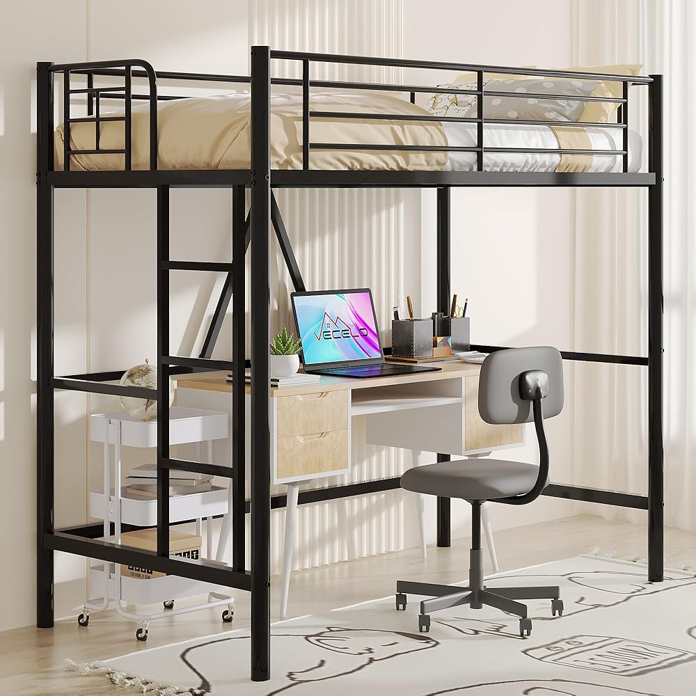 VECELO Loft Bed Twin Size, Metal Bedframe with Removable Ladder and Safety Guardrail, No Box Spring Needed, Space Saving, Noise Free, Matte Black