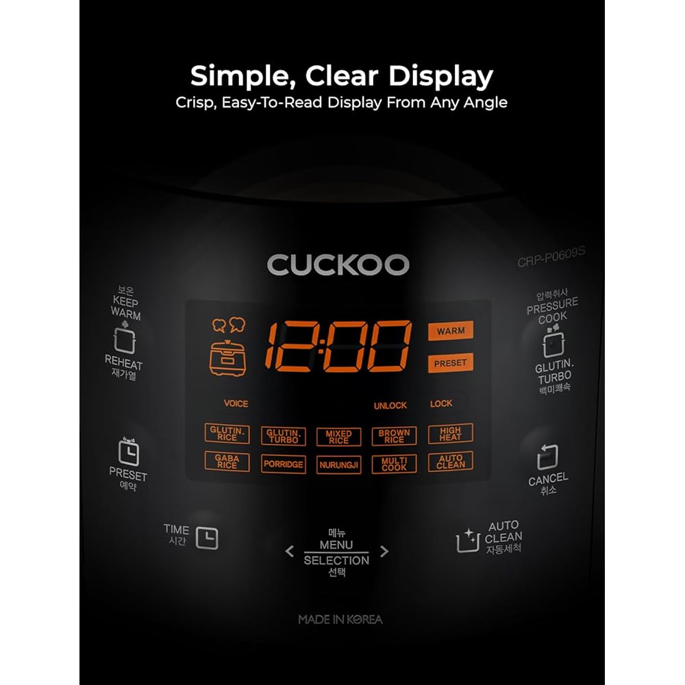 CUCKOO CRP-P0609S 6-Cup (Uncooked) / 12-Cup (Cooked) High Pressure Rice Cooker & Warmer with Nonstick Inner Pot, 12 Menu Options, Fuzzy Logic Tech, 3 Voice Guide, Auto Clean (Black/Copper): Home & Kitchen