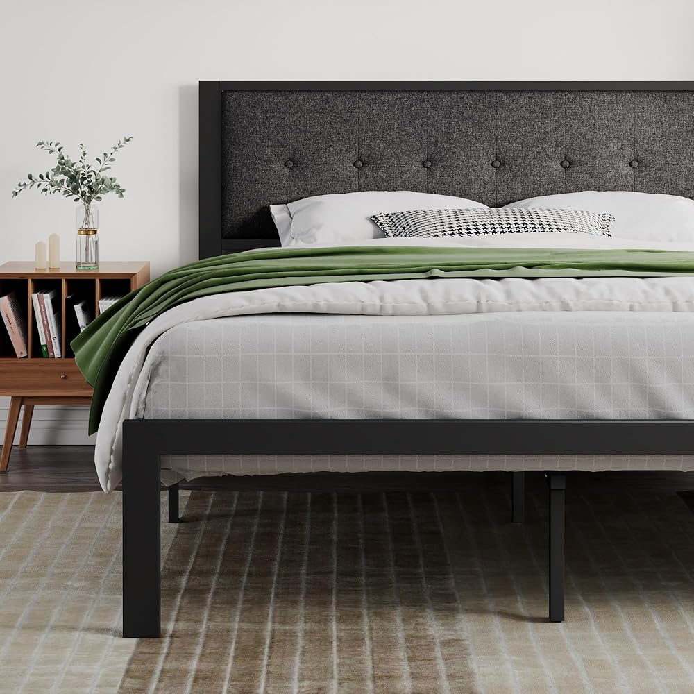 SHA CERLIN King Size Platform Bed Frame with Upholstered Headboard, Metal Slats Support, Button Tufted Square Stitched Headboard, Noise Free, No Box Spring Needed, Easy Assembly, Dark Grey : Home & Kitchen