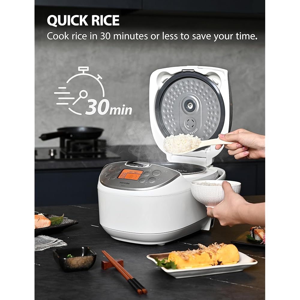 Toshiba Rice Cooker 6 Cup Uncooked – Japanese Rice Cooker with Fuzzy Logic Technology, 7 Cooking Functions, Digital Display, 2 Delay Timers and Auto Keep Warm, Non-Stick Inner Pot, White: Home & Kitchen
