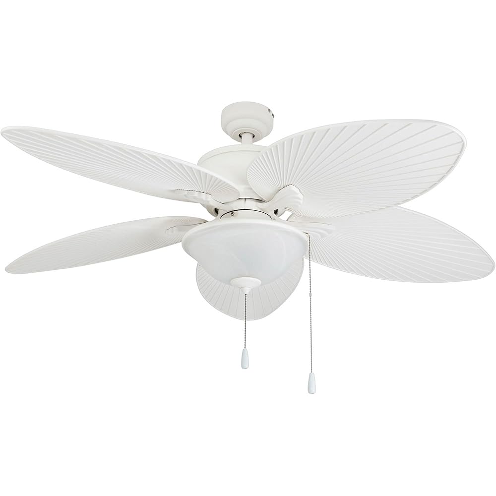 Prominence Home Solana, 52 Inch Tropical Indoor Outdoor Ceiling Fan with Light, Pull Chain, Three Mounting Options, Weather Resistant Palm Leaf Blades - 80018-01 (White) -