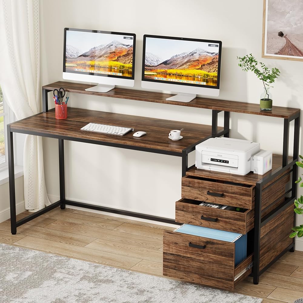Tribesigns 63 Inch Computer Desk with File Drawer Cabinet, Ergonomic Office Desk with Monitor Stand, Industrial Computer Table with Printer Space, Wood PC Table Workstation Desk for Home Office : Home & Kitchen