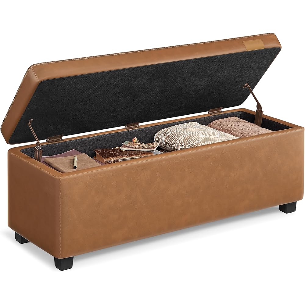 VASAGLE EKHO Collection - Storage Ottoman Bench, Entryway Bedroom Bench, 25 Gallons, Synthetic Leather with Stitching, Mid-Century Modern, Safety Hinges, Loads 660 lb, Caramel Brown ULOM075K01