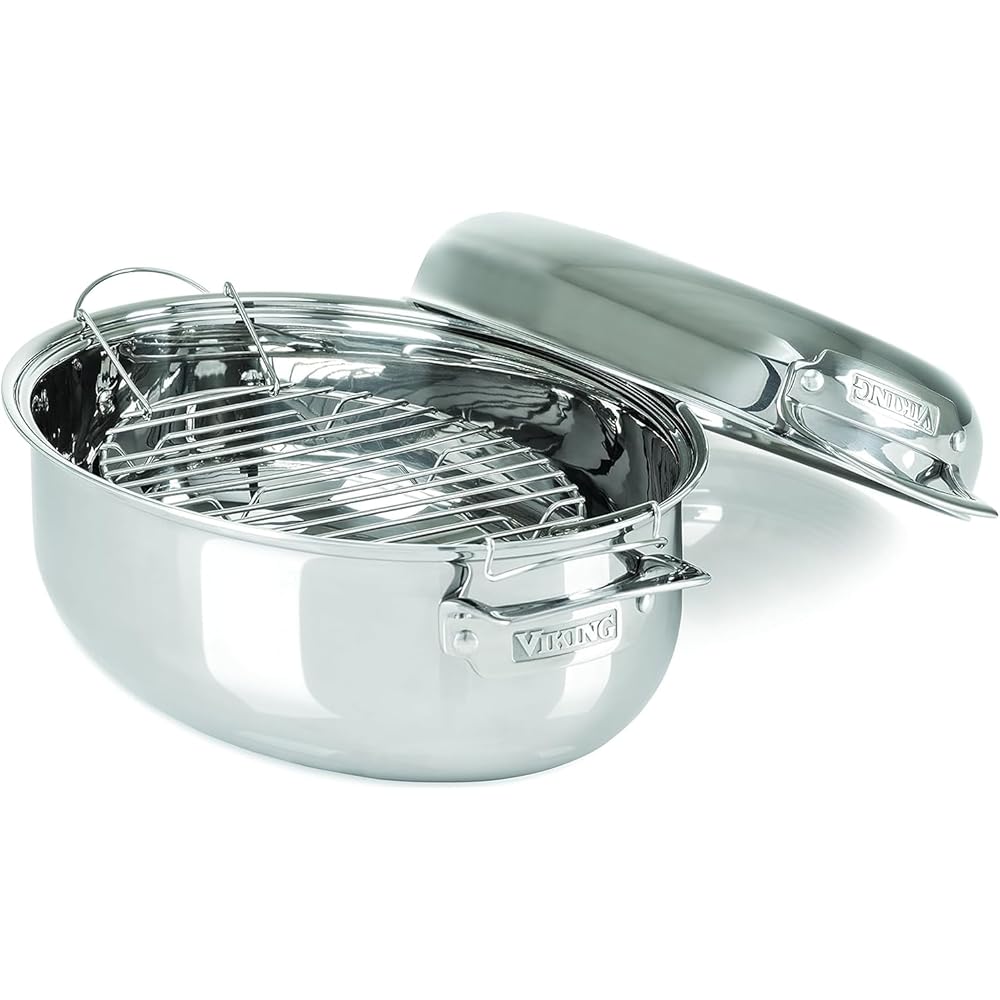 Viking 3-Ply Oval Roasting Pan, 8.5 Quart, Stainless Steel Kitchen Cookware with Metal Induction Lid and Rack, Great for Turkey, Dishwasher and Oven Safe, Silver