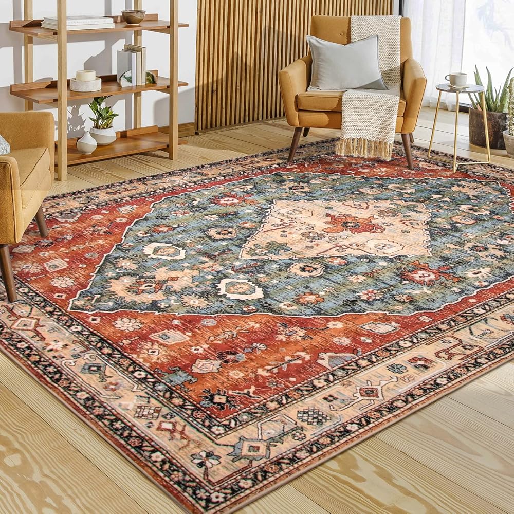 Lahome Boho Tribal 8x10 Area Rugs for Living Room, 8 x 10 Washable Rug for Bedroom Aesthetic, Large Oriental Vintage Soft Dining Room Carpet for Under Table Playroom (Rust/Dull Teal,8x10ft) : Home & Kitchen