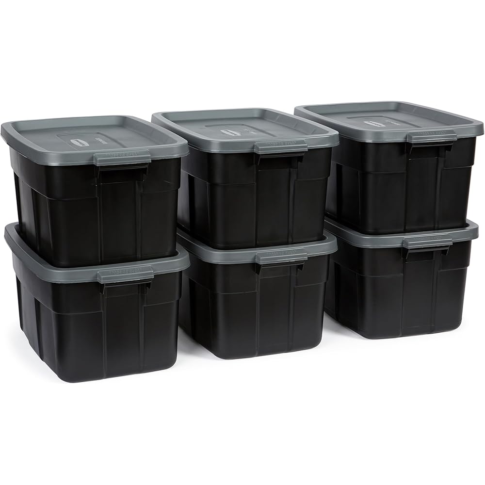 Rubbermaid Roughneck Tote 14 Gal, 6 Pack, Made in USA, Black & Gray, Rugged Plastic Stackable Storage Bins with Lids and Handles : Clothing, Shoes & Jewelry