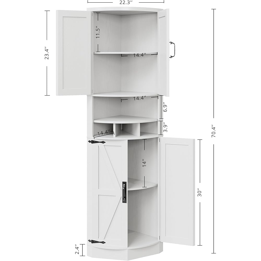 IRONCK Tall Corner Cabinet with 3 Wine Racks, Farmhouse Storage Cabinet with 4 Doors and Adjustable Shelves, Barn Door Design, Corner Bar Cabinet for Living Room, Kitchen, Laundry Room White : Home & Kitchen