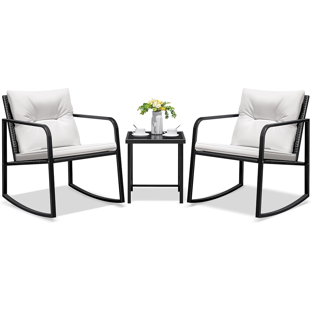 Greesum 3 Pieces Rocking Wicker Bistro Set, Patio Outdoor Furniture Conversation Sets with Porch Chairs and Glass Coffee Table, Beige : Patio, Lawn & Garden