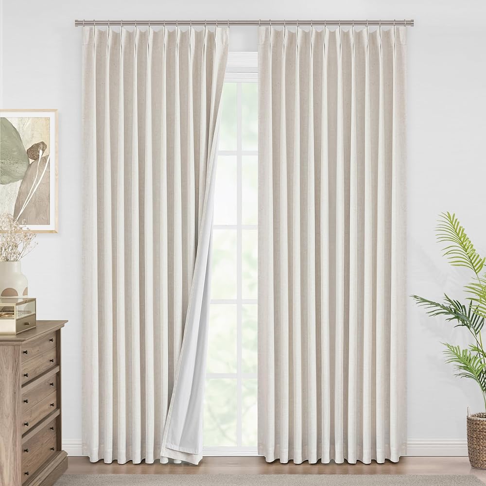 Vision Home Natural Pinch Pleated Full Blackout Curtains Linen Blended Room Darkening Window Curtains 102 inch for Living Room Bedroom Thermal Insulated Pinch Pleat Drapes with Hooks 60