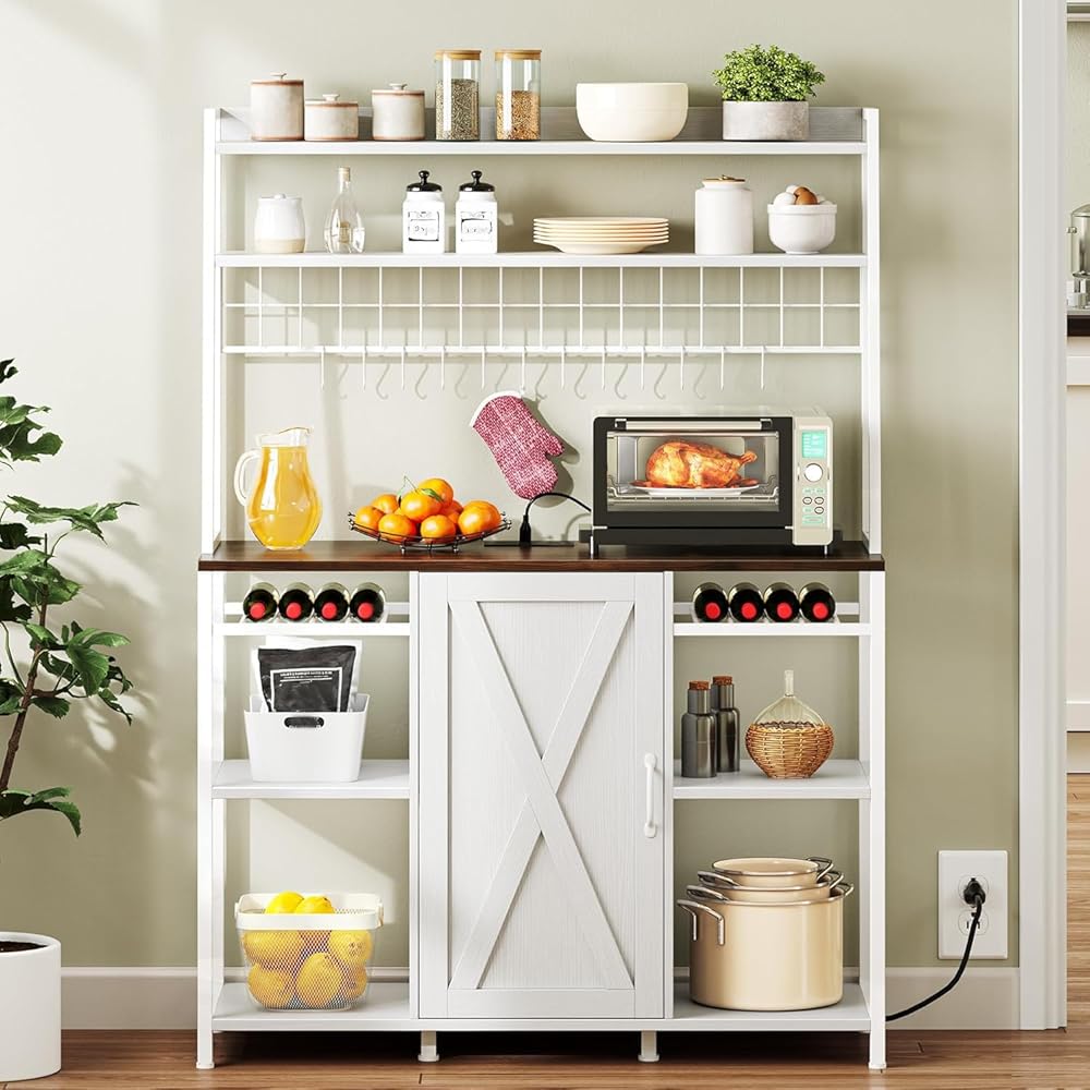 - DWVO Bakers Rack Microwave Stand Cabinet with Large Storage Drawer and Power Outlet, 47 Inches Farmhouse Kitchen Tall Thickened Coffee Bar Table with Wine Shelf, White - Standing Baker's Racks