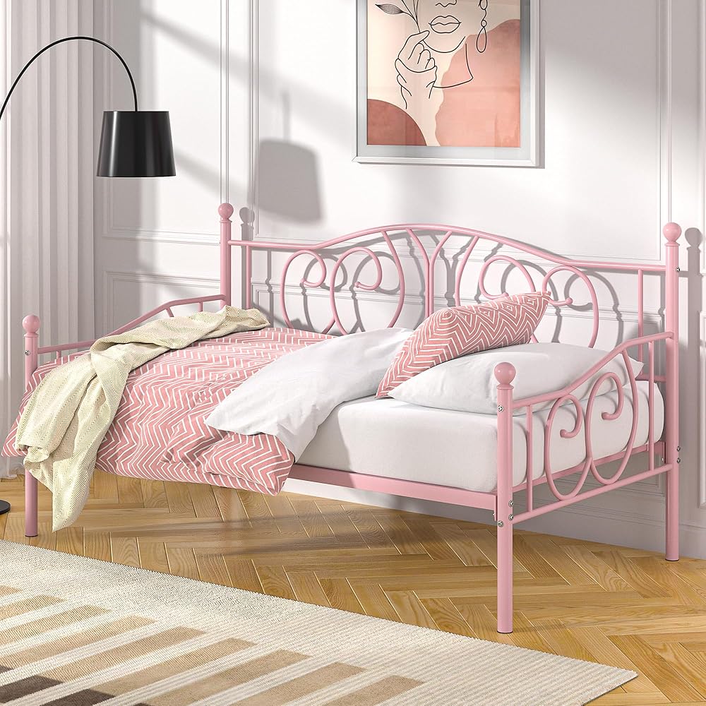 VECELO Metal Daybed Frame Multifunctional Platform Bed Sofa Mattress Foundation with Classic Headboard, Twin, Pink : Home & Kitchen