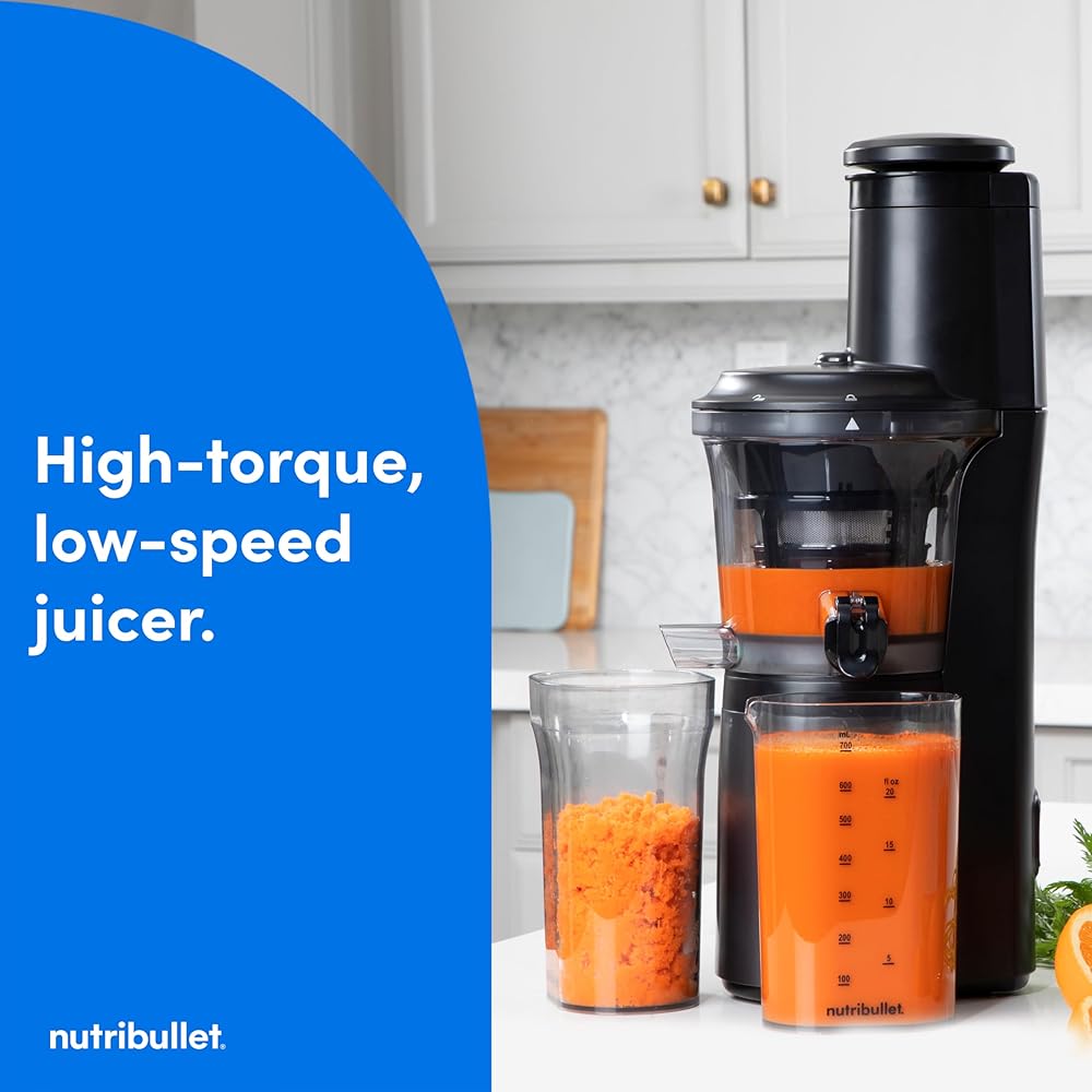 nutribullet Slow Juicer, Slow Masticating Juicer Machine, Easy to Clean, Quiet Motor & Reverse Function, BPA-Free, Cold Press Juicer with Brush, 150 Watts, Charcoal Black, NBJ50300, 24-oz: Home & Kitchen