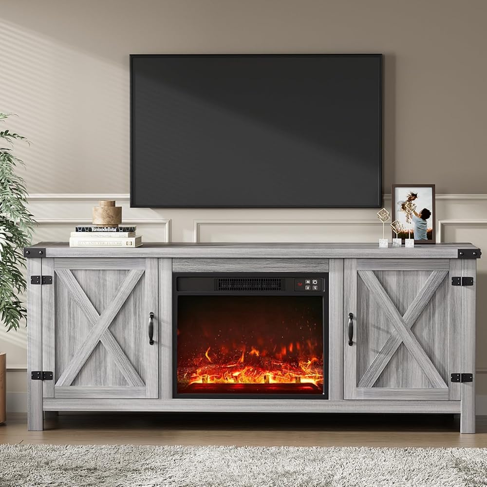 YESHOMY Fireplace TV Stand with Two Barn Doors and Storage Cabinets for Televisions up to 65+ Inch, Entertainment Center Console Table, Media Furniture for Living Room, 58 Inch, Gray Wash : Everything Else