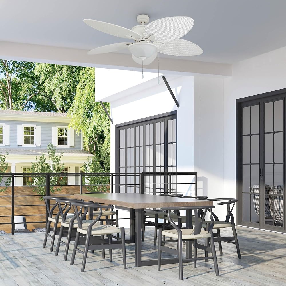 Prominence Home Solana, 52 Inch Tropical Indoor Outdoor Ceiling Fan with Light, Pull Chain, Three Mounting Options, Weather Resistant Palm Leaf Blades - 80018-01 (White) -