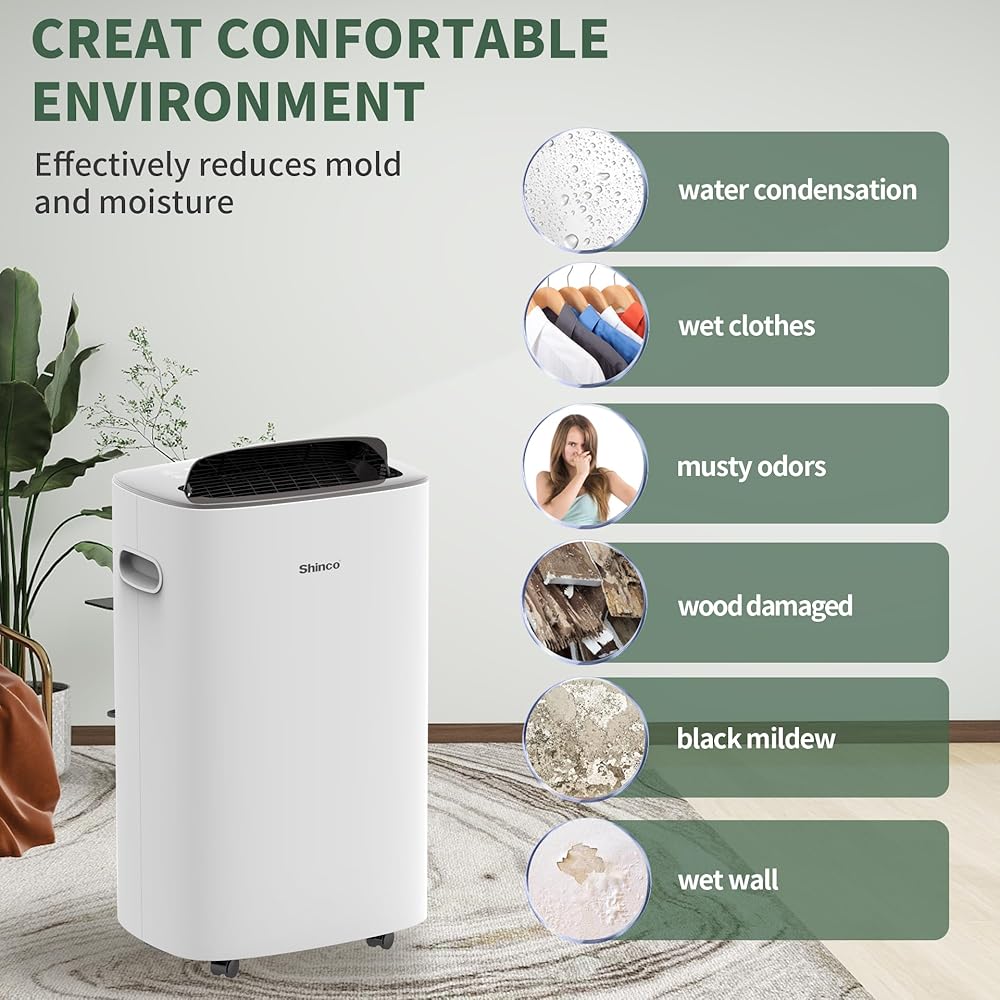 - Shinco 86 Pints Dehumidifier for Home and Basements, 5000 Sq.Ft Dehumidifiers with Drain Hose, Auto or Manual Drainage, Auto Defrost, Quietly Remove Moisture, Intelligent Humidity Control, 24HR Timer