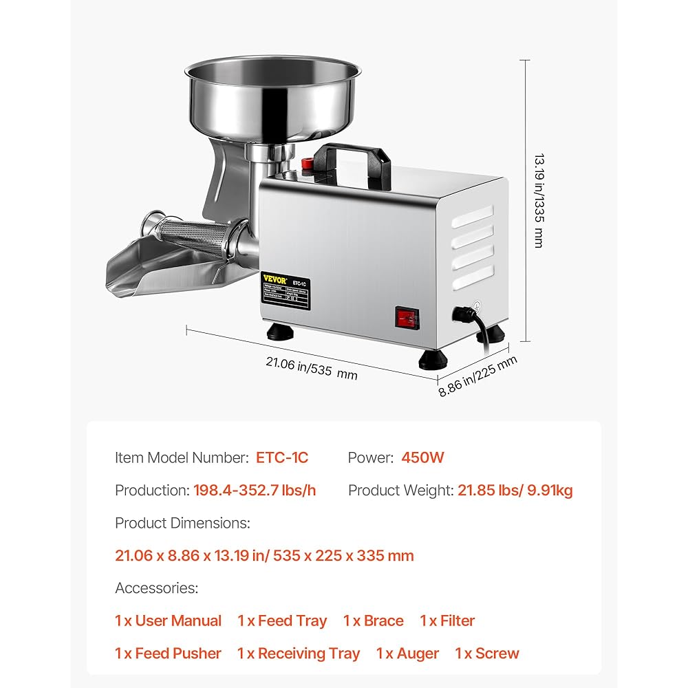 VBENLEM 110V Electric Tomato Strainer 370W Commercial Grade Tomato Milling Machine Stainless Steel Tomato Press and Strainer 90-160 Kg/H Pure Copper Motor Food Strainer and Sauce Maker: Home & Kitchen
