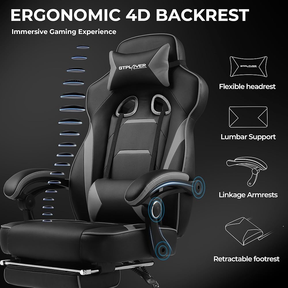 GTPLAYER Gaming Chair with Footrest, Big and Tall Computer Game Chair 350lb Racing Style, Ergonomic High Back Lumbar Support and Recliner, Moon Gray : Home & Kitchen