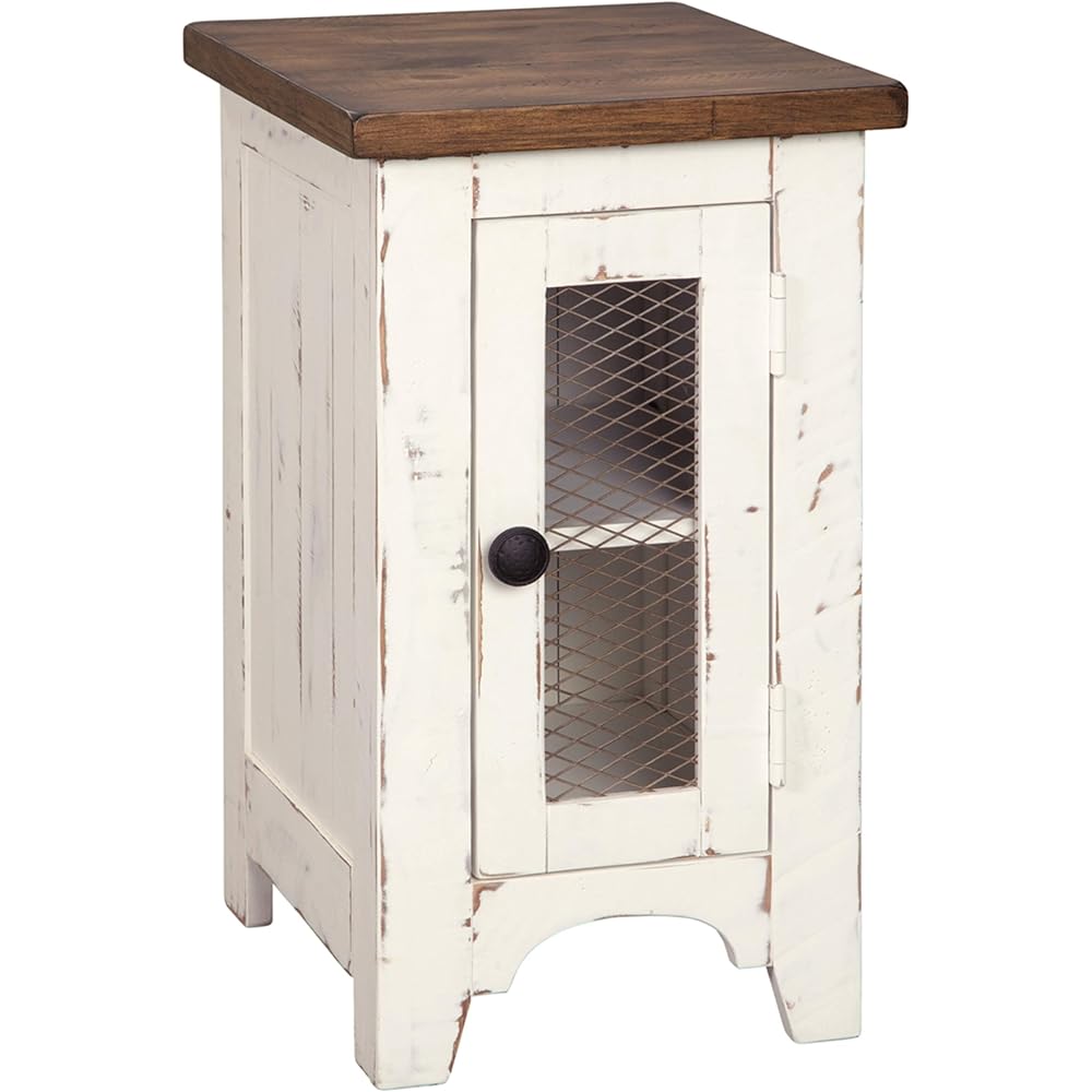 Signature Design by Ashley Wystfield Farmhouse Chair Side End Table with Cabinet Door for Storage, White & Brown with Distressed Finish : Home & Kitchen