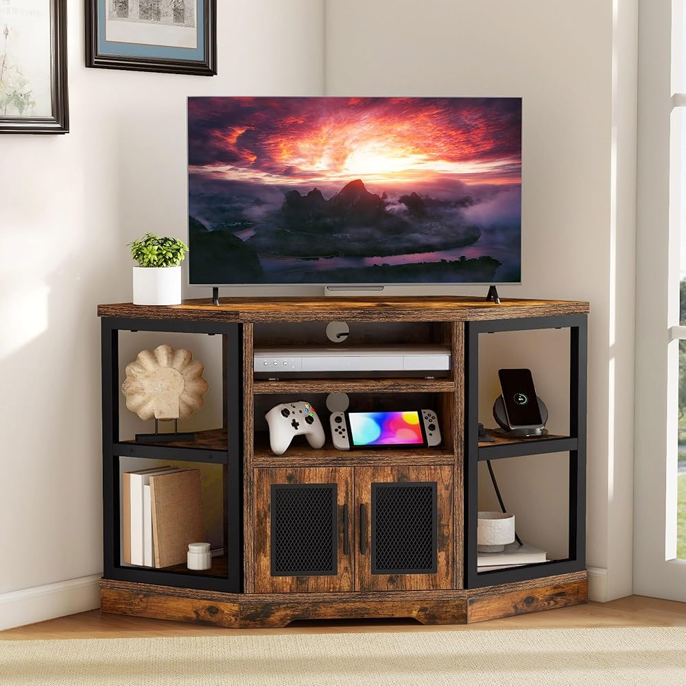 DWVO Farmhouse Corner TV Stand for Living Room, TV Stand for 55 Inch TV, Entertainment Center with Storage and Power Outlet, TV Console Cabinet, Rustic Brown : Home & Kitchen